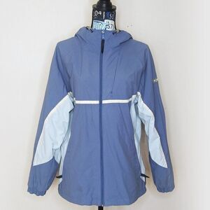 Vintage COLUMBIA Packable Full Zip Hooded Rain Jacket Blue Color Block Coat Sz L